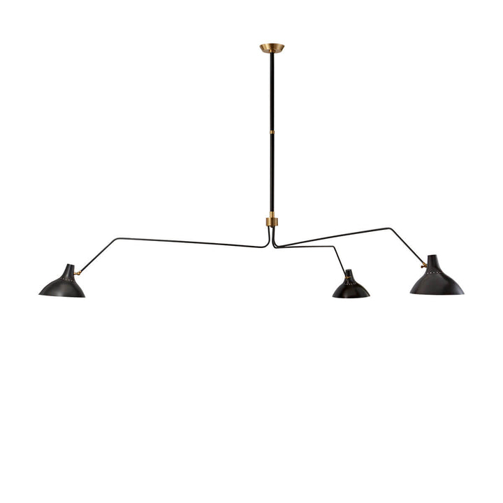 The Charlton Triple Arm Chandelier is a modern chandelier with three slender, extended arms and small metal shades in a black finish.