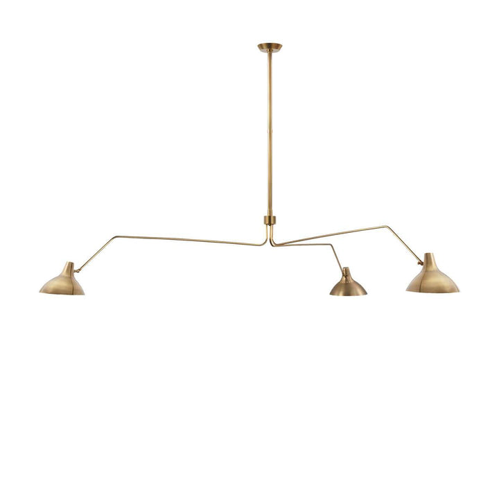 The Charlton Triple Arm Chandelier is a modern chandelier with three slender, extended arms and small metal shades in a hand rubbed antique brass finish.
