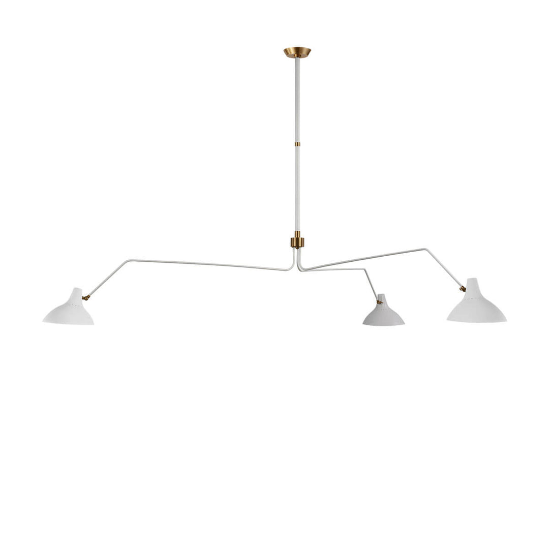 The Charlton Triple Arm Chandelier is a modern chandelier with three slender, extended arms and small metal shades in a white finish.