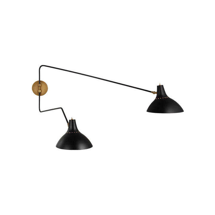 The Charlton Wall Sconce has two lamp shade on movable arms in a black finish with an antique brass backplate.