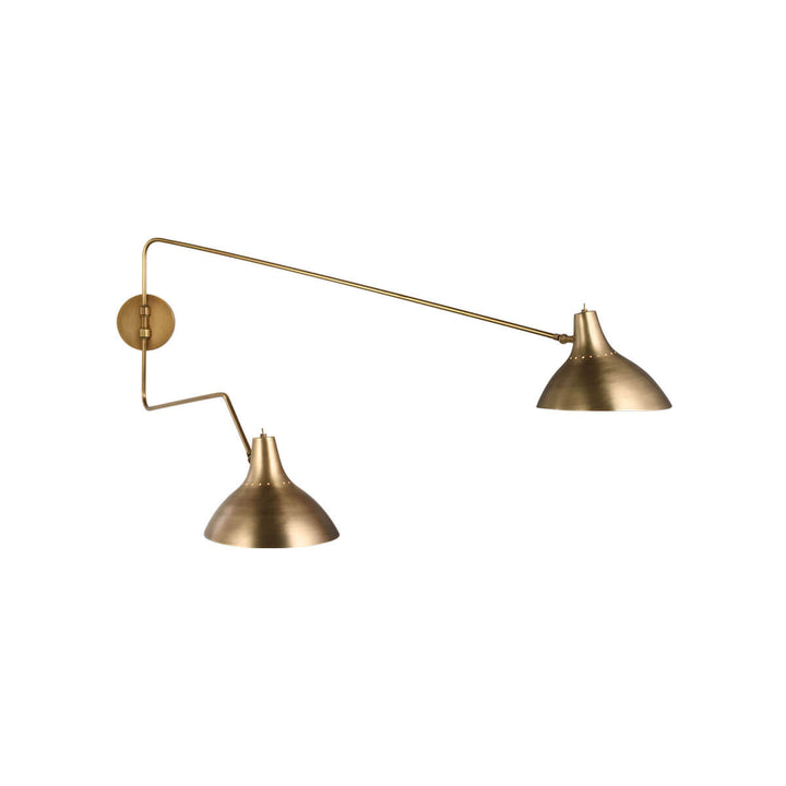 The Charlton Wall Sconce has two lamp shade on movable arms in a hand-rubbed antique brass finish with an antique brass backplate.