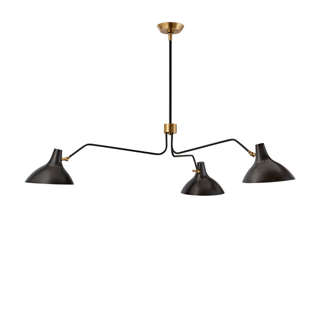 The Charlton Triple Arm Chandelier is a modern chandelier with three slender, extended arms and small shades in a black finish.