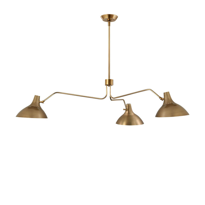 The Charlton Triple Arm Chandelier is a modern chandelier with three slender, extended arms and small shades in a hand rubbed antique brass finish.