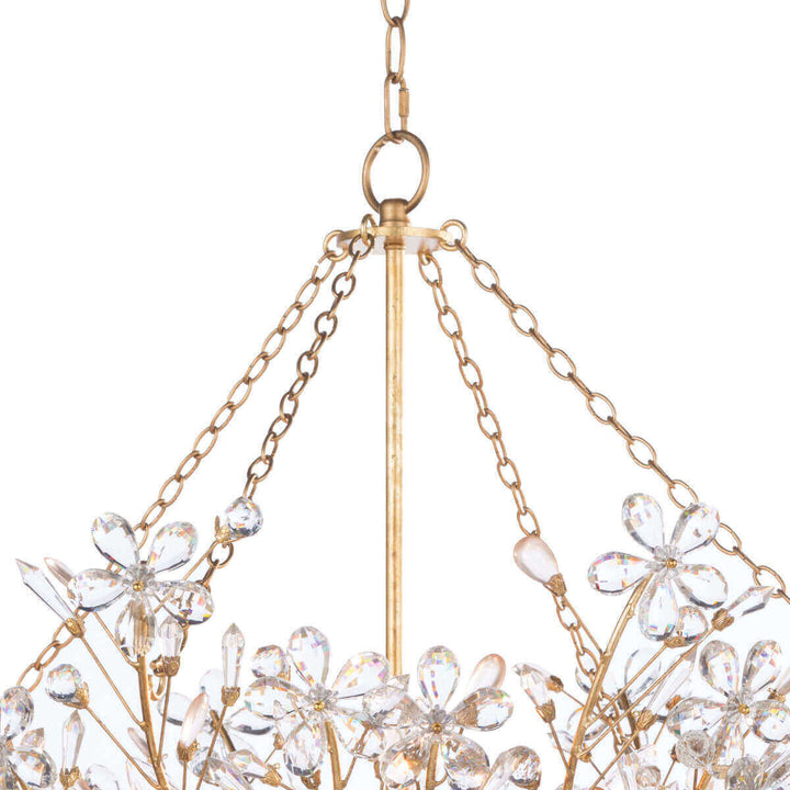Sakura Basin Chandelier. Basin chandelier with a gold frame, crystal flowers, and chain details. 