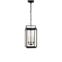 The Cheshire Hanging Lantern has an aged iron rectangular frame with three interior candle lights.