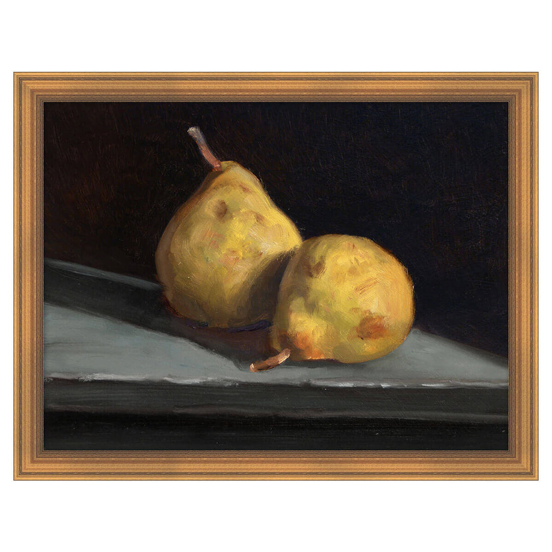 Fruit Life 4 is a framed, reproduction artwork of still-life painted pears.