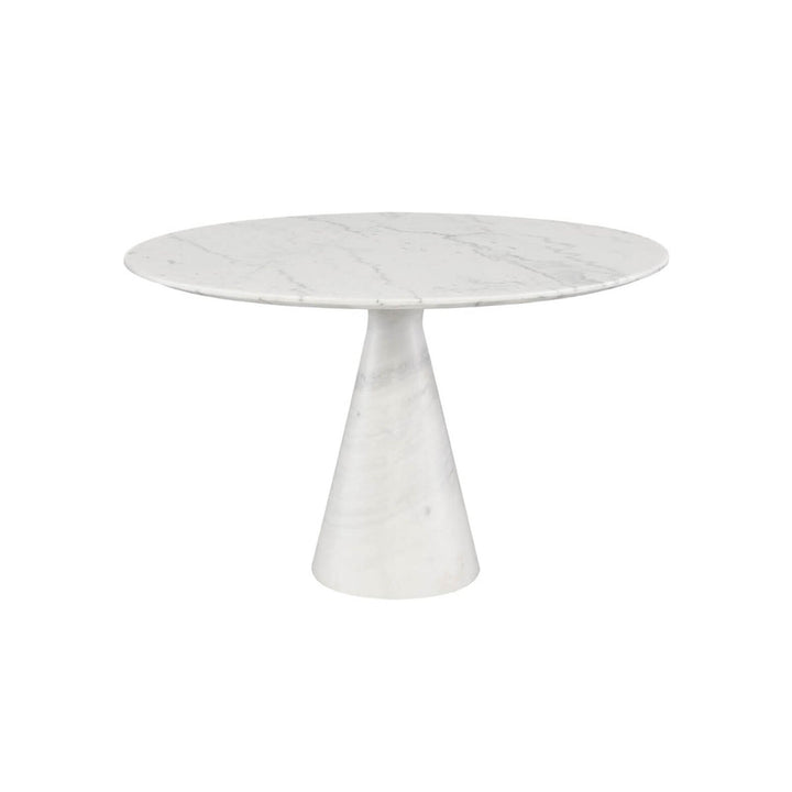 The Amalfi Dining Table is a white marble round dining table with a pedestal base.