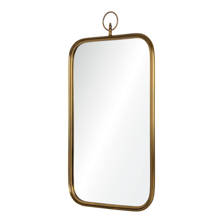 Simple brass framed mirror with a top ring detail.