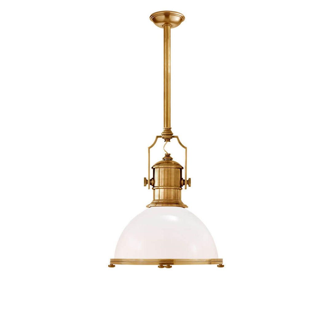The Country Industrial Pendant is an industrial looking light with a thick antique burnished brass rod, white glass shade and bolt details.