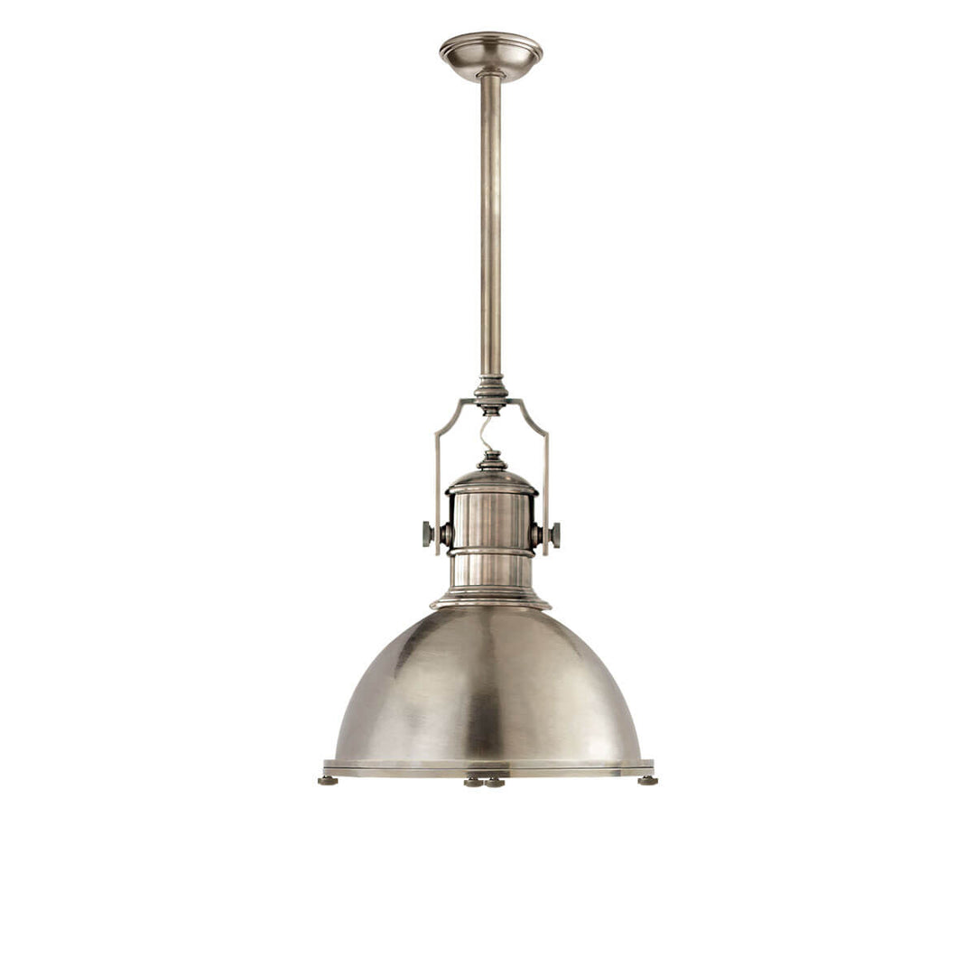 The Country Industrial Pendant is an industrial looking light with a thick antique nickel rod, antique nickel shade and bolt details.