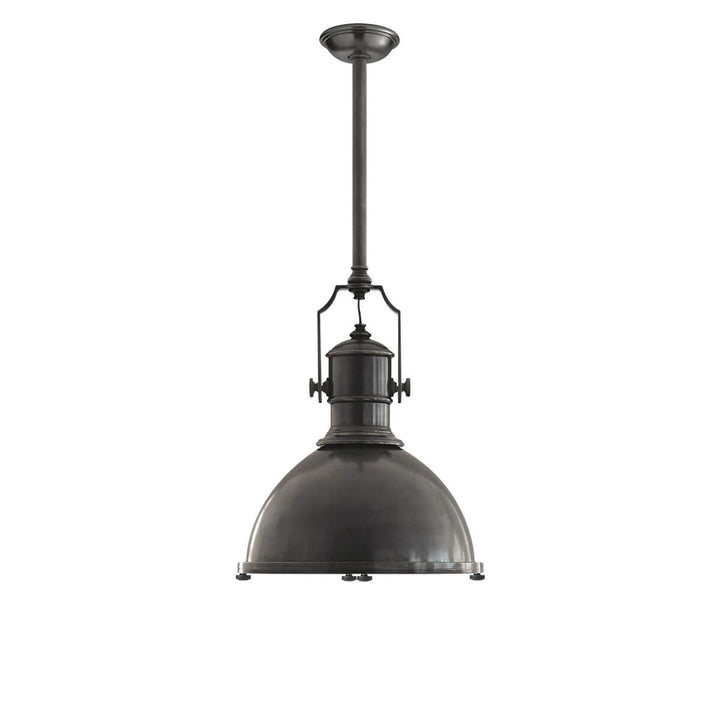 The Country Industrial Pendant is an industrial looking light with a thick bronze rod, bronze shade and bolt details.