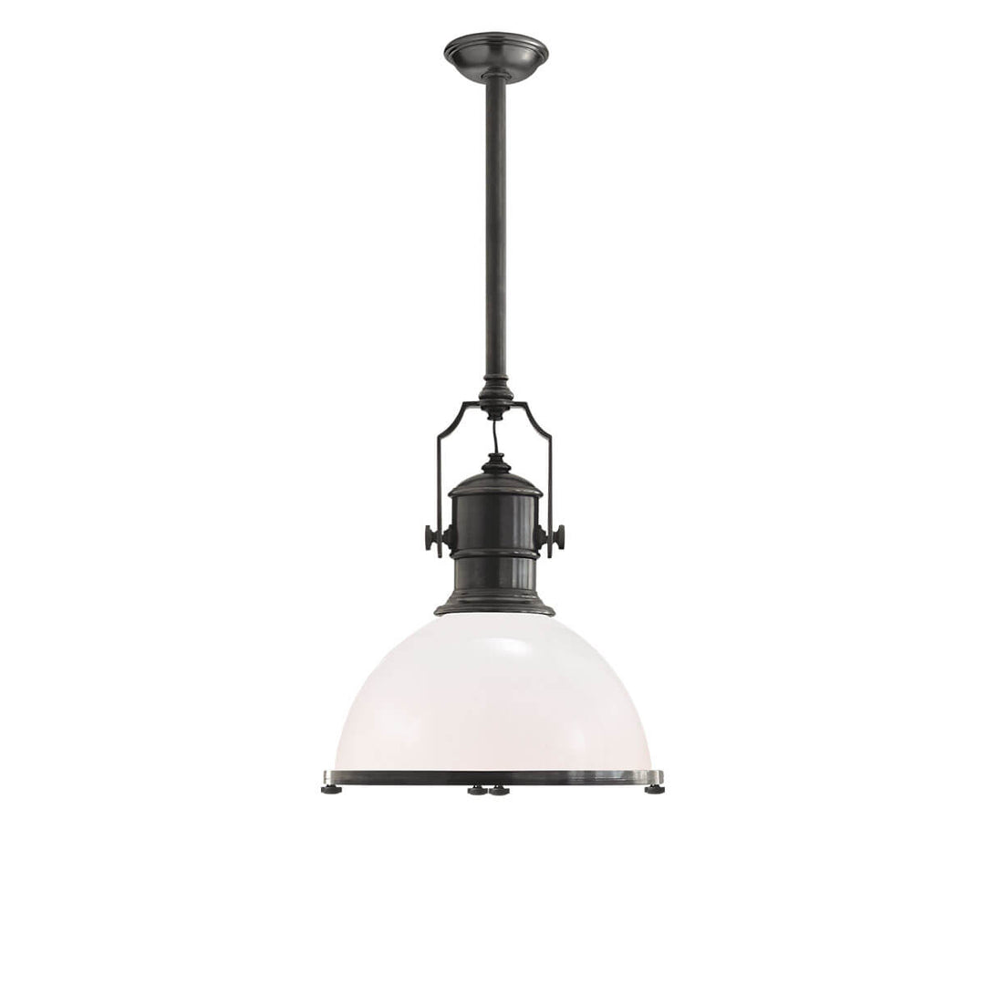 The Country Industrial Pendant is an industrial looking light with a thick bronze rod, white glass shade and bolt details.
