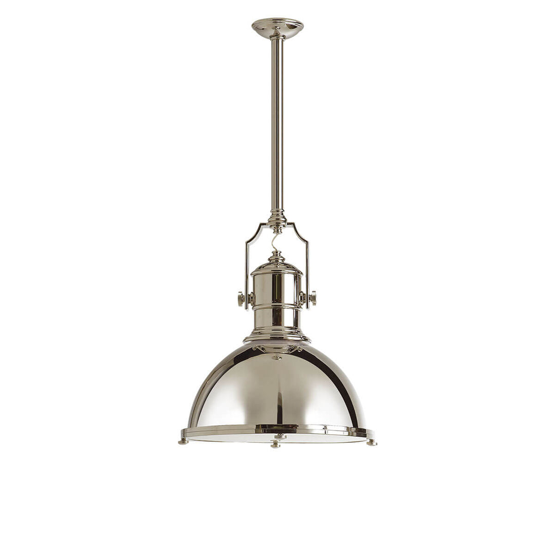 The Country Industrial Pendant is an industrial looking light with a thick polished nickel rod, polished nickel shade and bolt details.