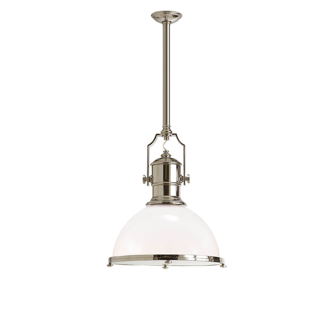 The Country Industrial Pendant is an industrial looking light with a thick polished nickel rod, white glass shade and bolt details.