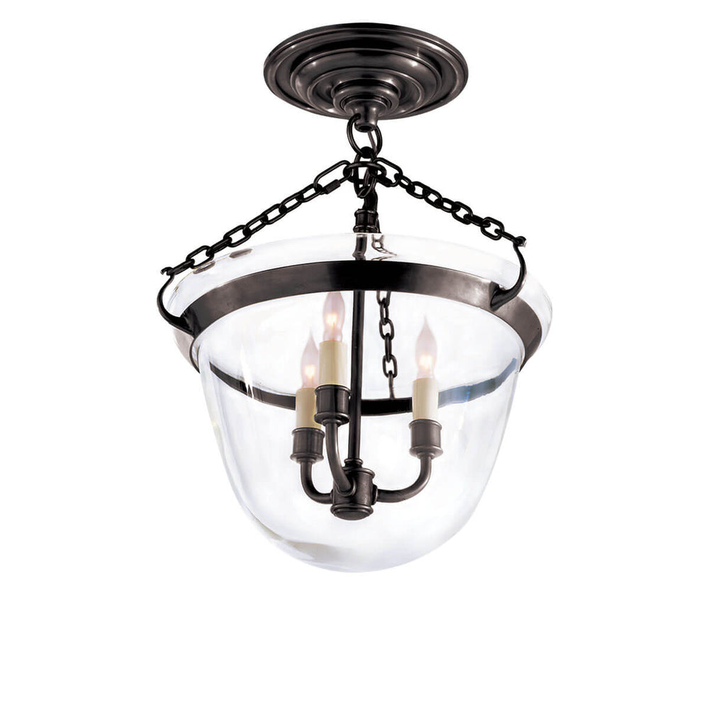 The Country Semi-Flush Bell Jar Lantern is a semi flush light with a bell shaped glass shade, candle-lick lights and bronze chain and accents.