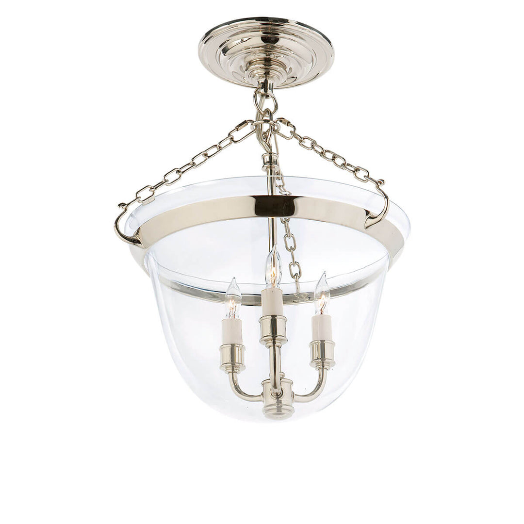 The Country Semi-Flush Bell Jar Lantern is a semi flush light with a bell shaped glass shade, candle-lick lights and polished nickel chain and accents.