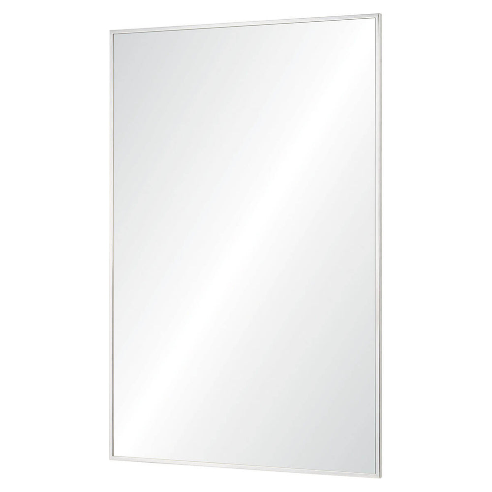 Large, modern mirror that has a polished stainless steel frame and can be hung vertically or horizontally.