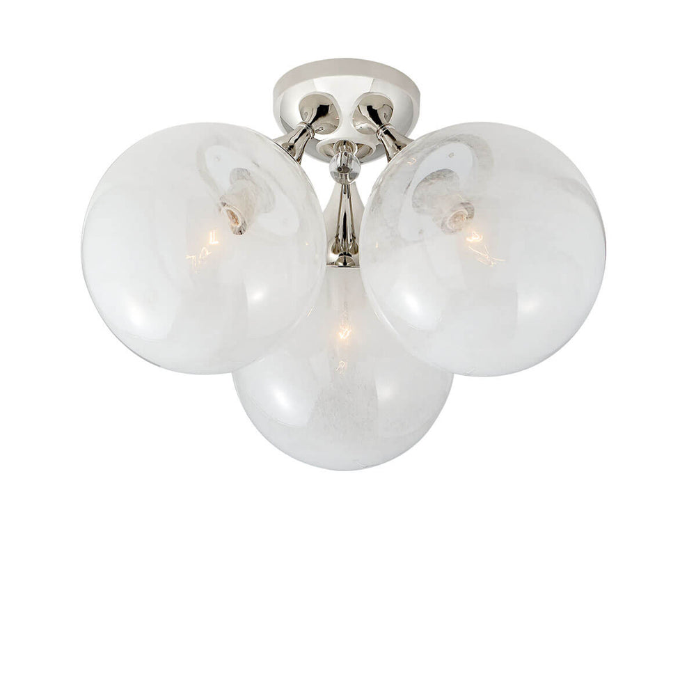 The Cristol Flush Mount has three, white strie globe glass lights with a polished nickel mount.