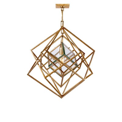 The Cubist Chandelier has a geometric pendant with many overlapping, gild arms and an interior glass box around the single lightbulb.