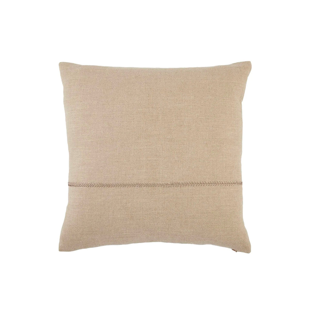 Front of 22"x22" indoor pillow with stitching detail. Light beige cover. 100% down fill.