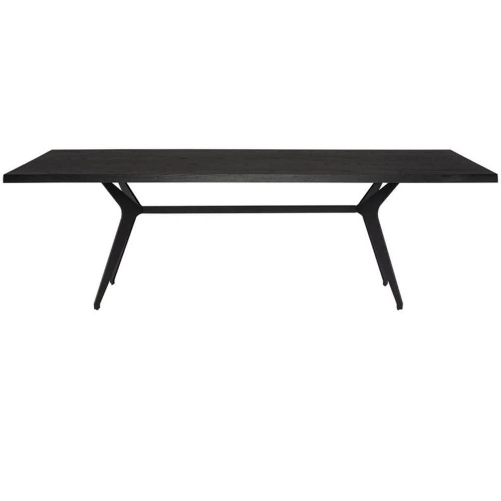 The Saratov Dining Table has matte black steel legs and a industrial drop-bae and black onyx top.