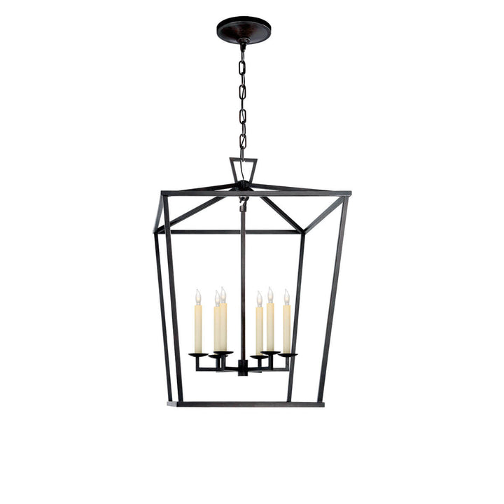The Darlana Lantern is an aged iron metal, square lantern frame with five candle-like lights.