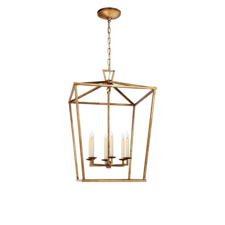 The Darlana Lantern is a gilded iron metal, square lantern frame with five candle-like lights.