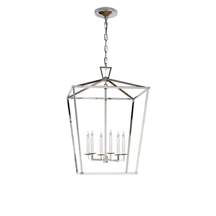 The Darlana Lantern is a polished nickel metal, square lantern frame with five candle-like lights.