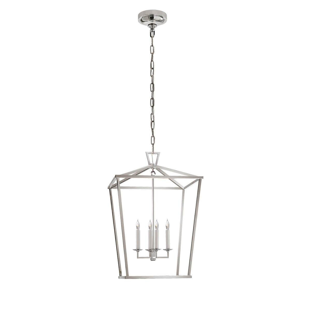 The Darlana Lantern is a medium polished nickel metal, square lantern frame with five candle-like lights.