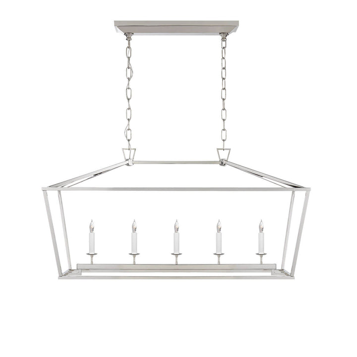 The Darlana Linear Lantern is a polished nickel metal lantern frame with five candle-like lights.