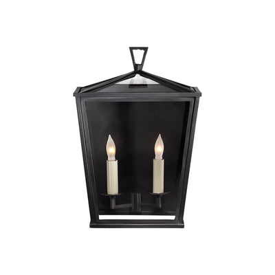 The Darlana Wall Sconce is an outdoor lantern with a bronze frame, clear glass panels and two interior candle lights.