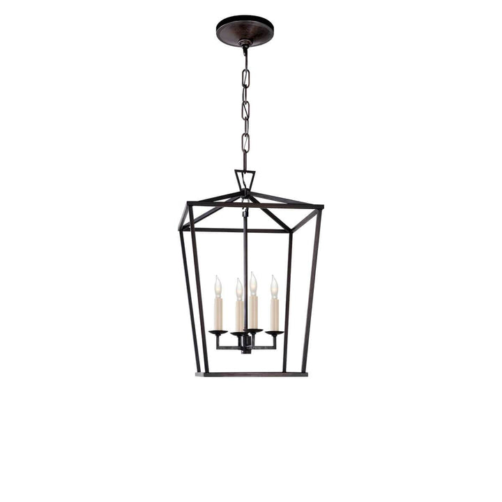 The Darlana Lantern is a small aged iron metal, square lantern frame with five candle-like lights.