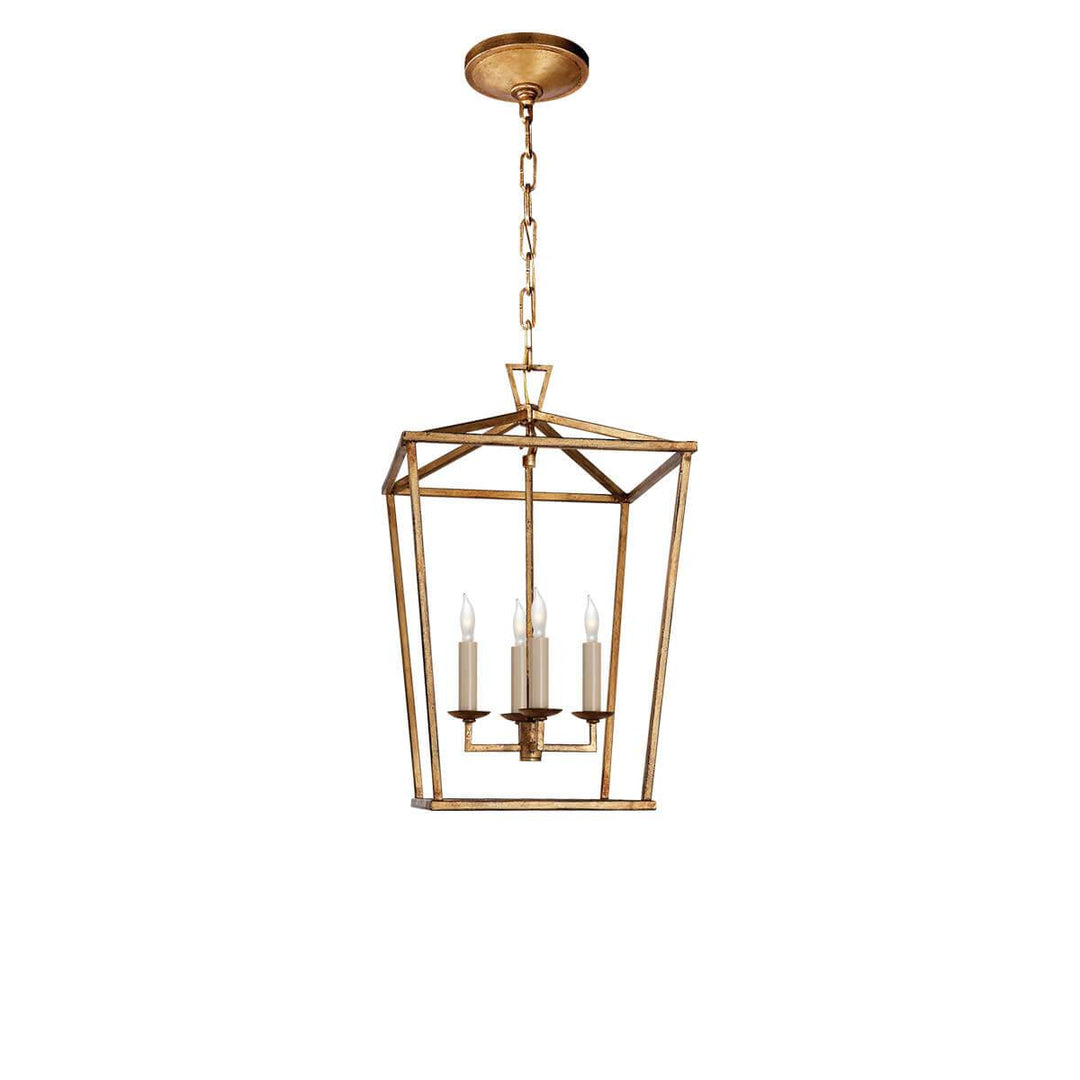 The Darlana Lantern is a small gilded iron metal, square lantern frame with five candle-like lights.