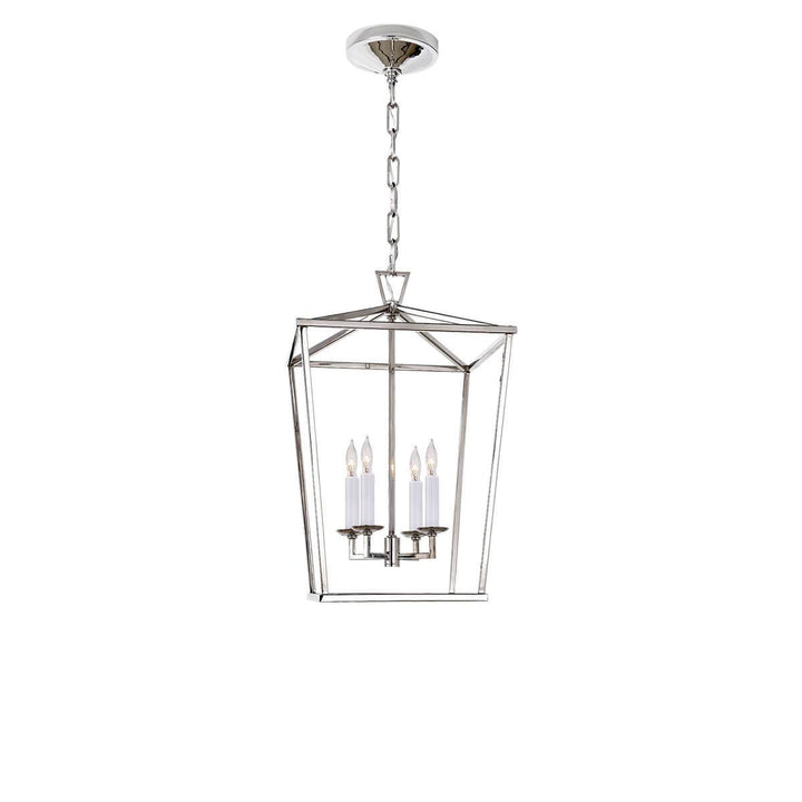The Darlana Lantern is a small polished nickel metal, square lantern frame with five candle-like lights.