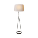 The Dauphine Floor Lamp has a circular ring bas and double rod column base in an aged iron finish with a natural paper shade.
