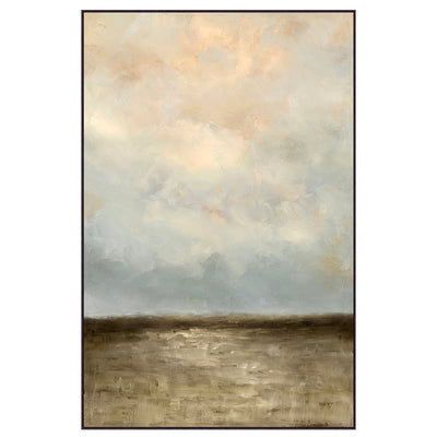 Large vertical artwork with pastel clouds. Blue-grey, peachy clouds, with murky water below.