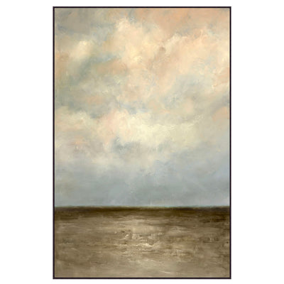 Large vertical artwork with blue-grey and a touch of peachy clouds, and murky grey waters.