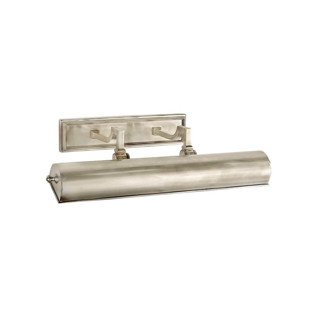 The Dean Picture Light is an 18 inch classic picture light in a brushed nickel finish with a rectangular backplate.