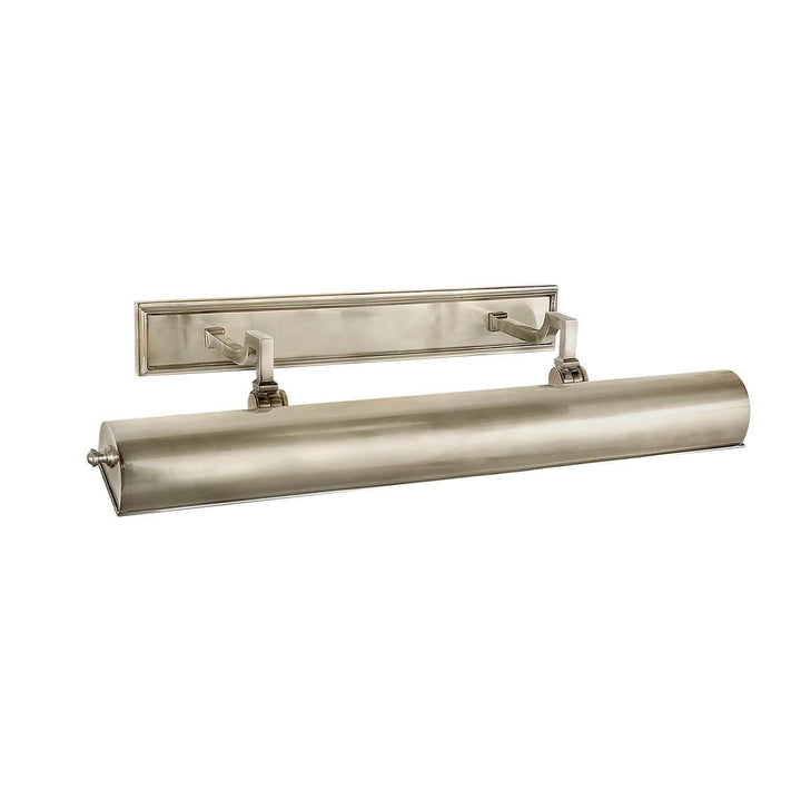 The Dean Picture Light is a 24 inch classic picture light in a brushed nickel finish with a rectangular backplate.