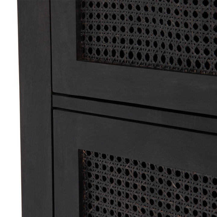 Rustic black tall cabinet with rattan cane door inserts - zoom view