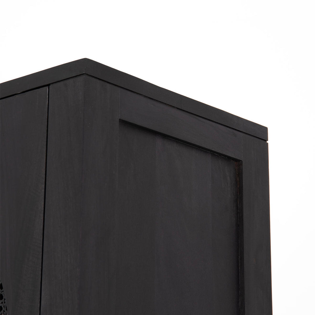 Rustic black tall cabinet with rattan cane door inserts - zoom