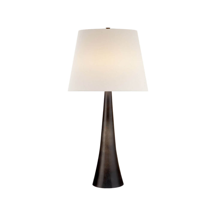 The Dover Table Lamp has a tall, cone-shaped base with an aged iron finish and a linen shade.