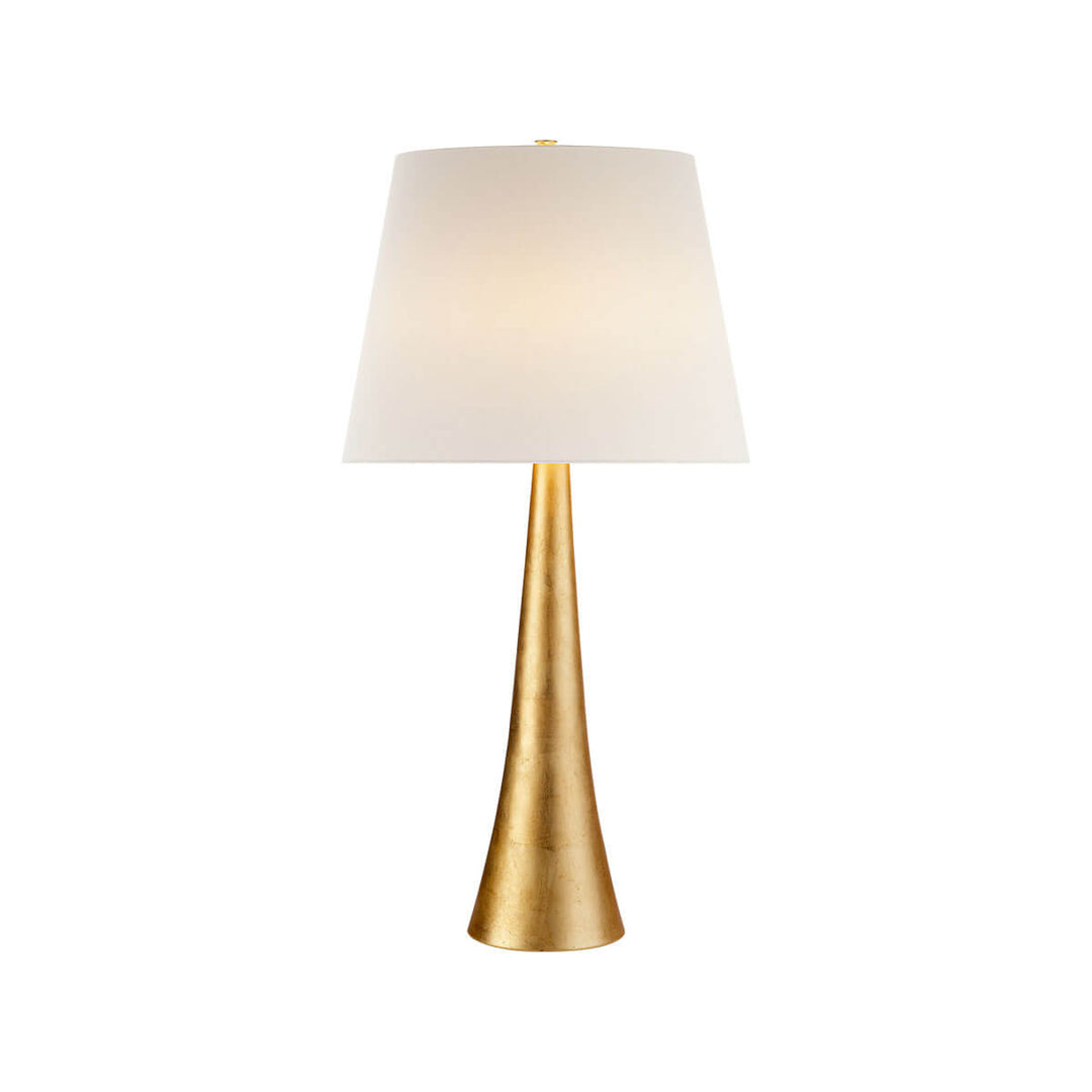 The Dover Table Lamp has a tall, cone-shaped base with a gild finish and a linen shade.