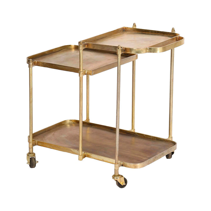 Vintage inspired, two-tier bar cart with wheels in an antique brass finish.