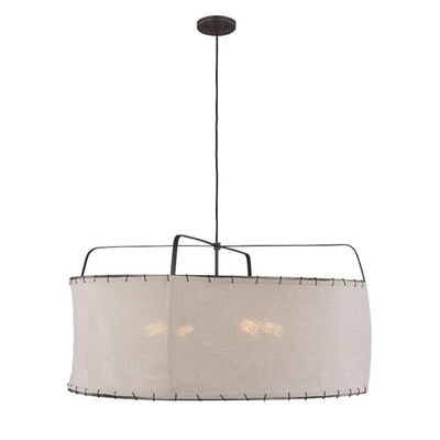 Mina Pendant Medium. A nomadic looking kitchen pendant with a metal body, natural linen shade, and over-stitching details.