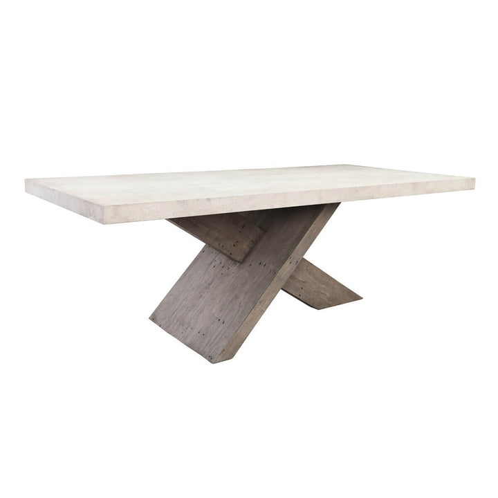 Modern dining room table with oversized cross beam base and concrete laminate tabletop.