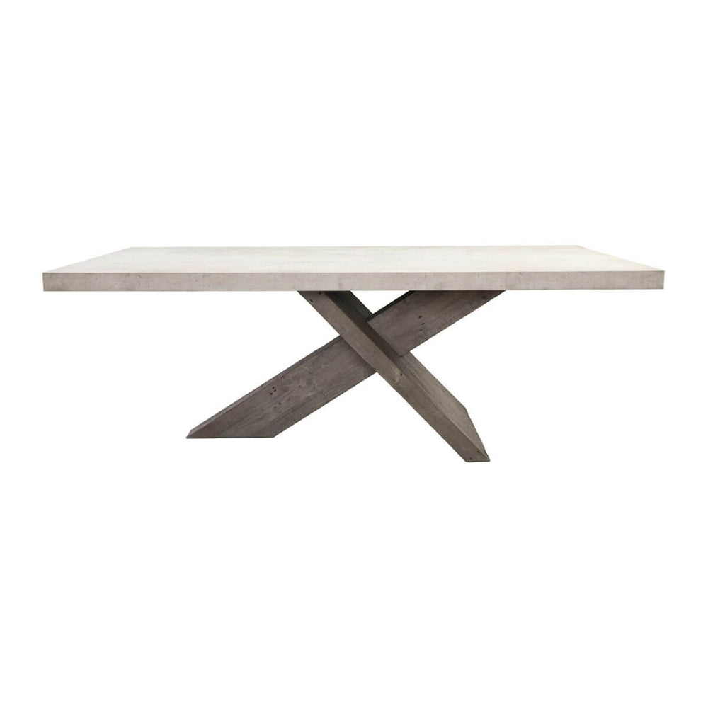 The Honey Brook Dining Table has a lightweight, durable concrete laminate tabletop and oversized reclaimed pine crossbeam base.