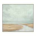 A neutral toned blue and beige painting of a cove.