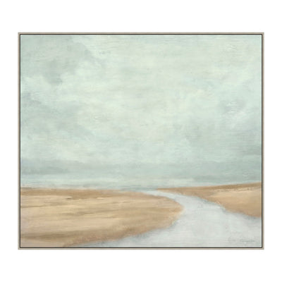 A neutral toned blue and beige painting of a cove.