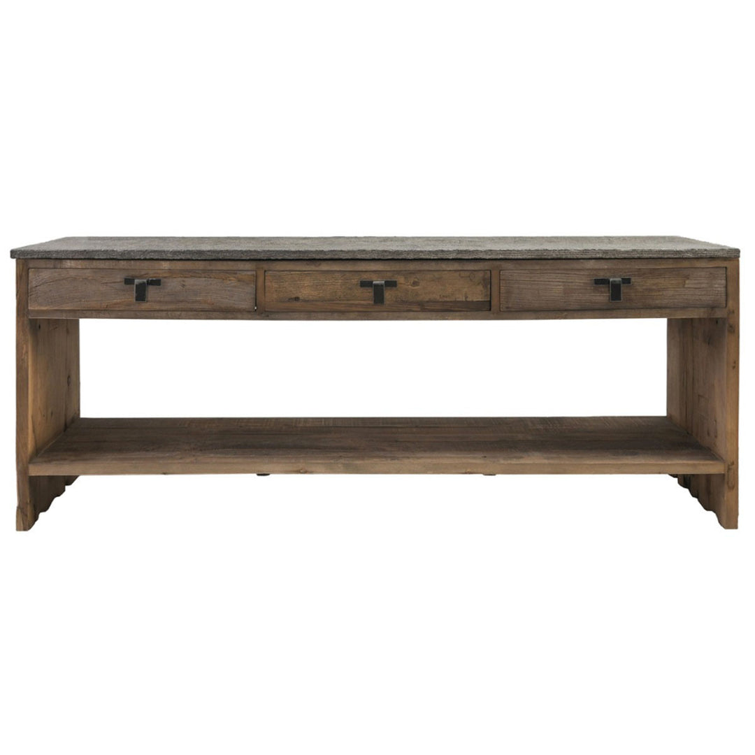 The Fernie Console Table has a stone top, reclaimed elmwood body and three drawers for a rugged look.